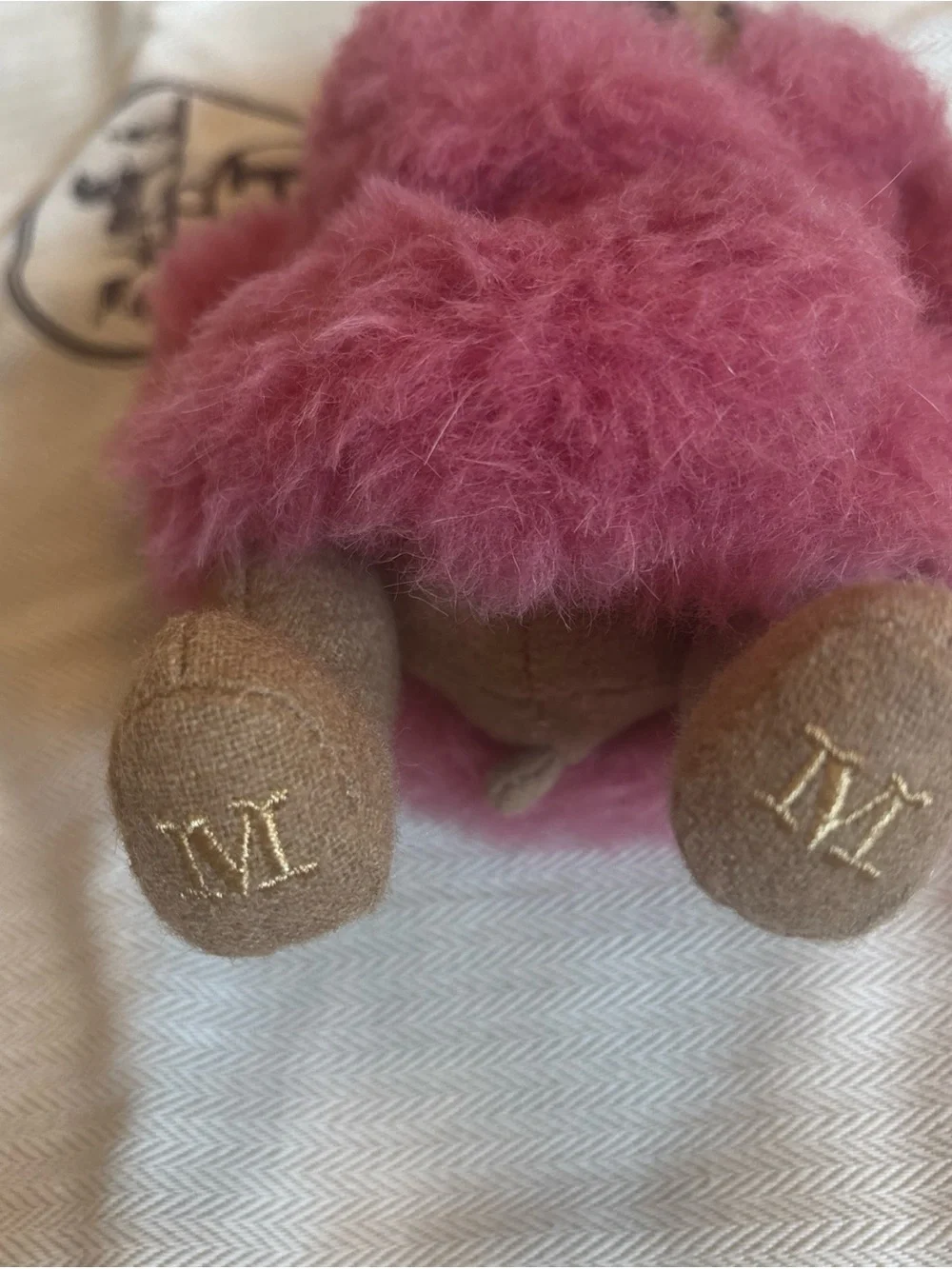 MaxMara Brown Bear Bag Charm with Pink Wool Fur Coat and Gold Hardware